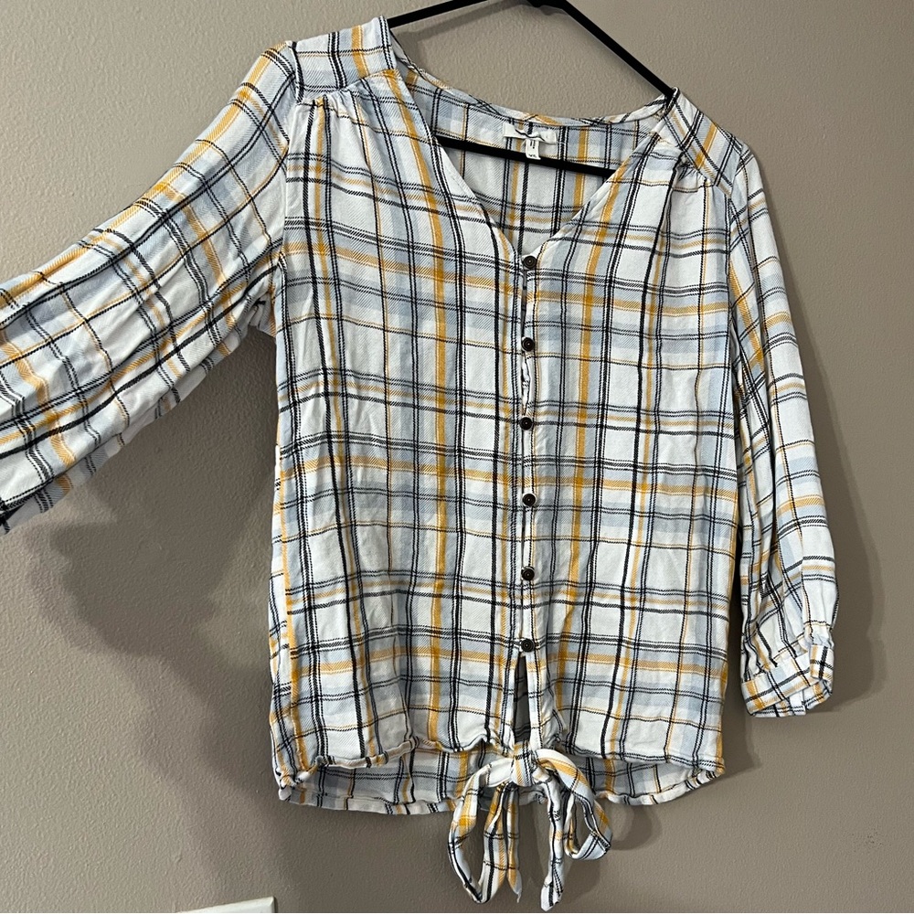 Maurices Women Long Sleeve Top White Yellow Plaid Tie Front Button Up - XS